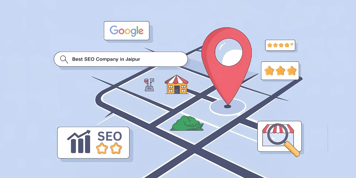 Local SEO guide for Jaipur businesses with a location pin, Google search, SEO icons, and star ratings to boost visibility